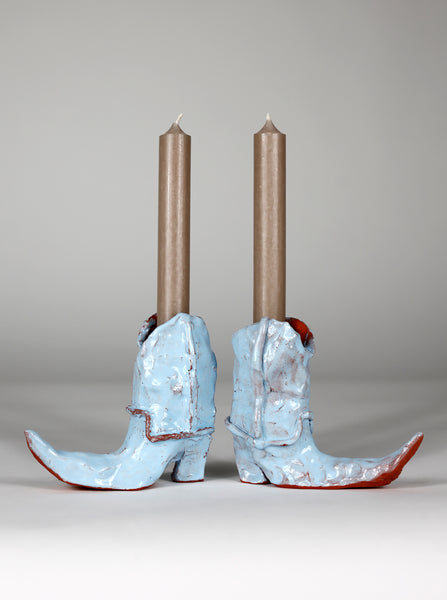 Cowboy Hot Legs Candlesticks by Laura Welker, Light Blue